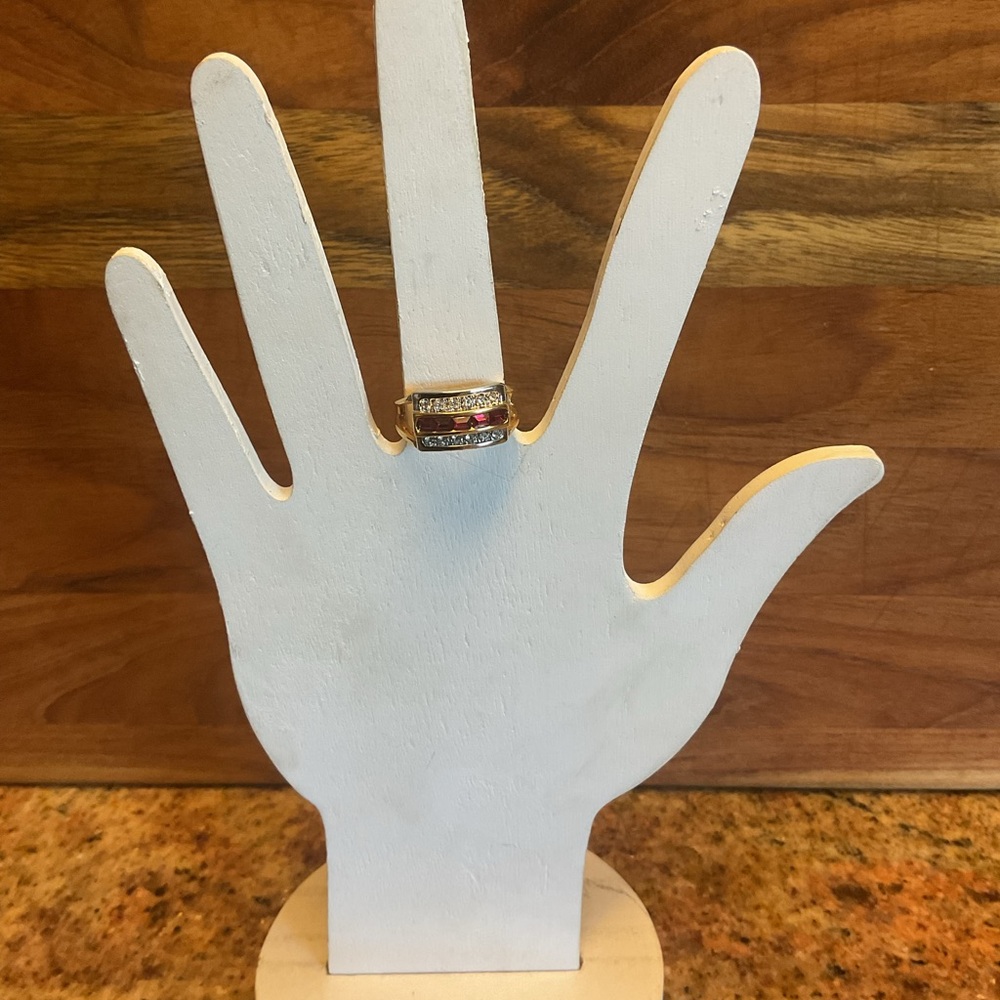 Retro-style Tank Gold Band Ring with Red Stones and Clear Accents. Size 8-1/4